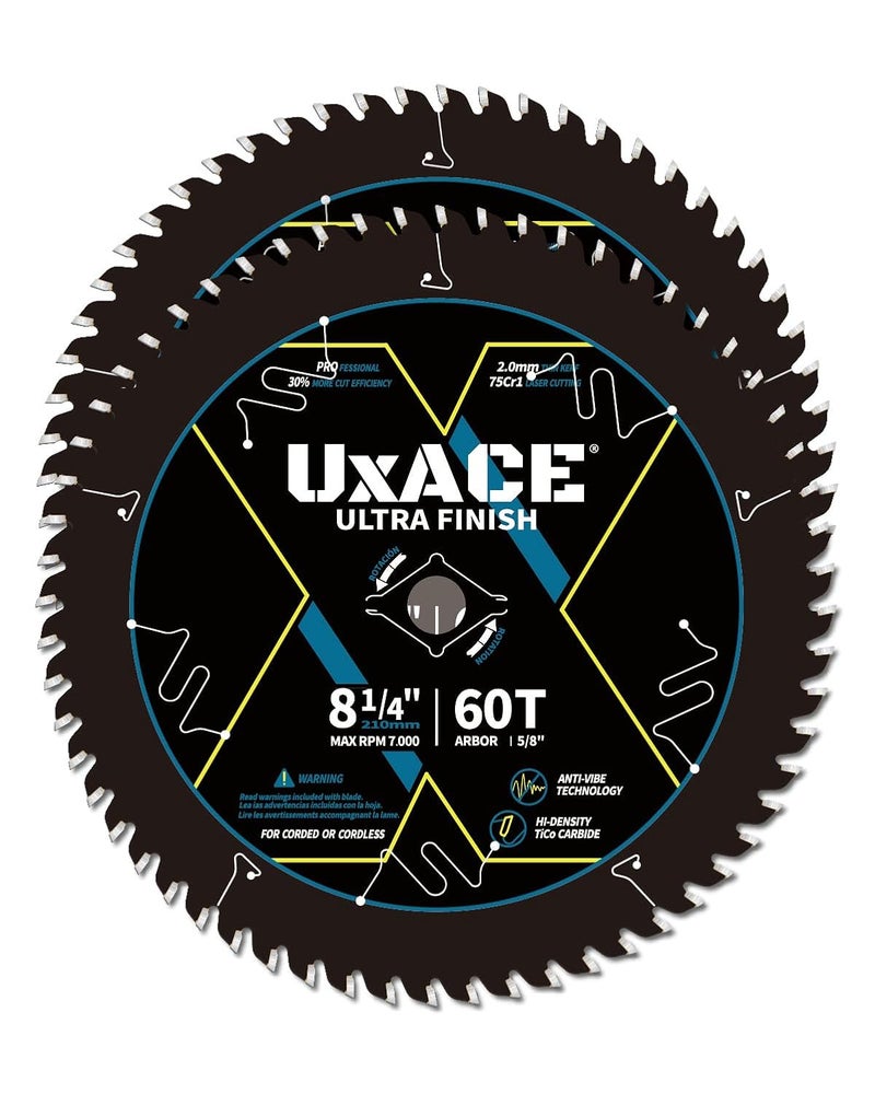 UXACE 8-1/4-Inch 60-Tooth Circular Saw Blade with 5/8-Inch Arbor, Ultra Finish Wood Cutting, Carbide Tip, Thin Kerf, for Plywood, MDF, OSB, Laminated, 2 Pack - Image 1